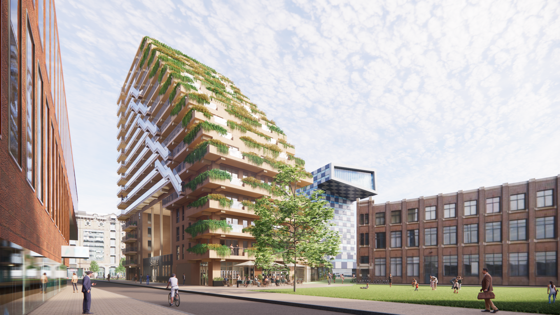 Gevel van een modern gebouw met allemaal groen