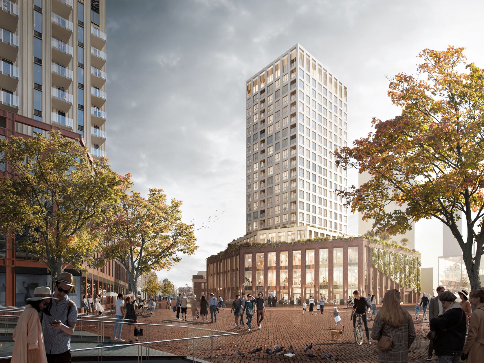 Een impressie van een plein waar er geleefd wordt, omringd door moderne gebouwen op de achtergrond